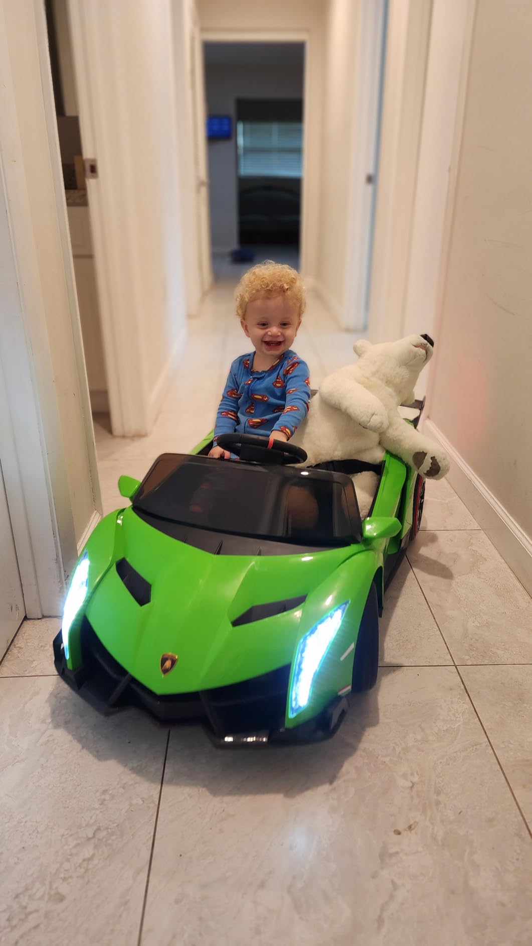 INFANS 2 Seater Kids Ride on Car, 12V 4WD Licensed Lamborghini Veneno Powered Electric Vehicle with Hydraulic Doors, Rocking Mode, Adjustable Speeds, Remote Control, MP3, Headlight (Coral) customer photo 2