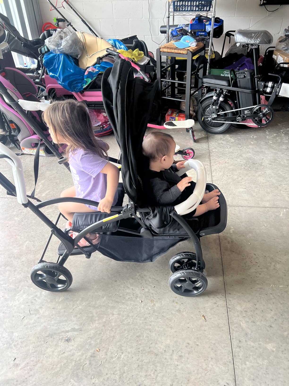 INFANS Sit and Stand Double Stroller, Foldable Tandem with Standing Platform Reclining Backrest, Adjustable Handlebar and Footrest, Storage Basket 5-Point Harnesses, Baby Pushchair for Toddlers customer photo 1