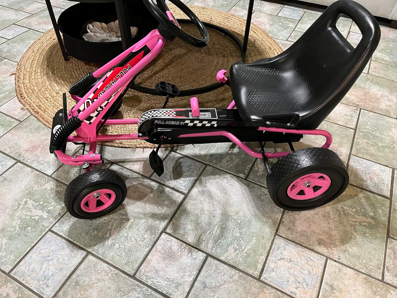 HONEY JOY Pedal Go Kart, 4 Wheeler Toddler Racing Ride On Pedal Car Toy, Forward/Backward, Ergonomic Seat, Handbrake, Steering Wheel, Outdoor Off-Road Go Cart for Kids, Boys Girls Gift (Pink) customer photo 2